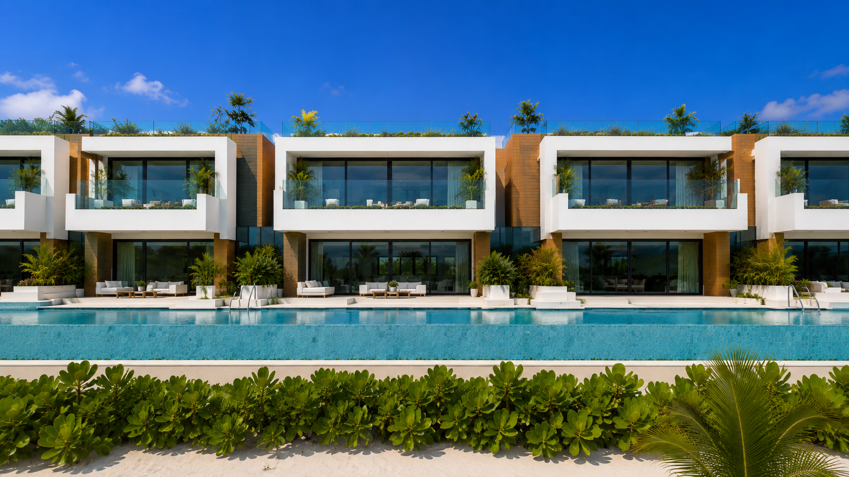 Contemporary residences with landscaped pool frontage